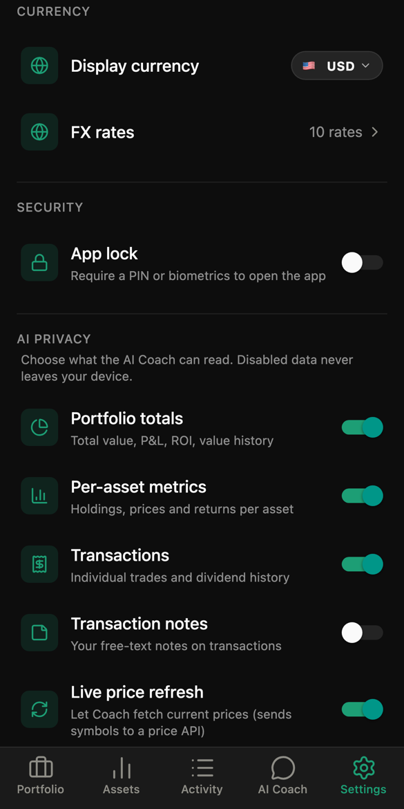 Settings screen with AI privacy toggles and app lock